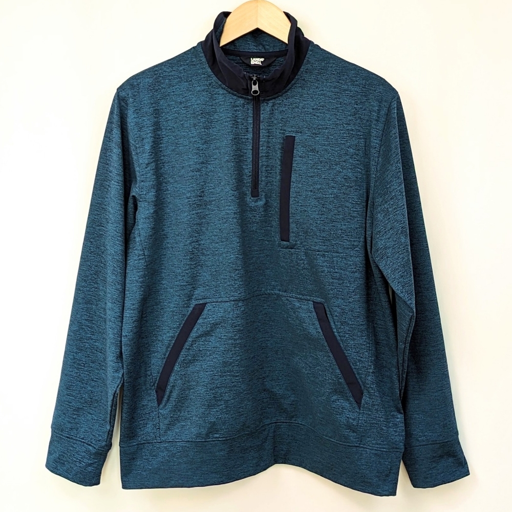 Lands' End Jacket Quarter Zip Pullover Kangaroo Pocket Stretchy Teal Blue Medium